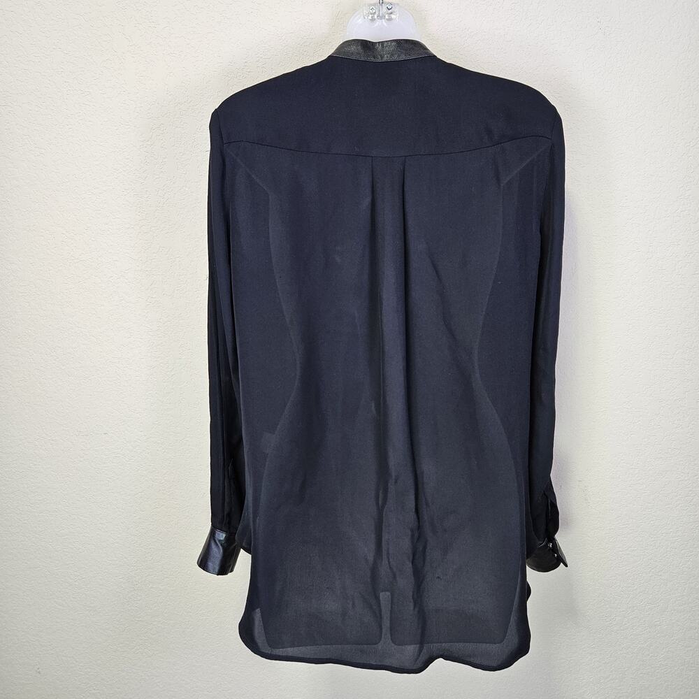 Haute Hippie 100% Silk Blouse S Leather Trim Tuxedo Pintuck Black Sheer Luxury - Picture 4 of 16